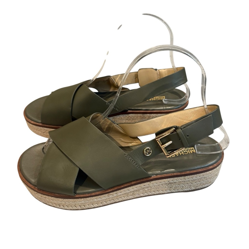 Michael Michael Kors Meryl Leather Criss Cross Espadrille Platform Olive, Sz 8 - Picture 4 of 14